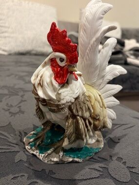 Hand-Painted White and Red Ceramic Rooster Figurine